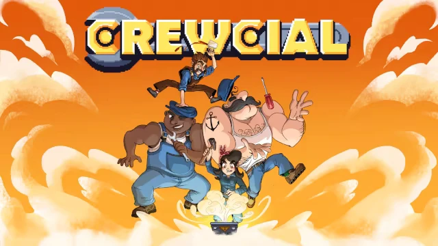 Crew Heroes Splash – Crewcial Crewcial: Yellow CREWCIAL logo above four cartoon repair crew amid orange clouds.
