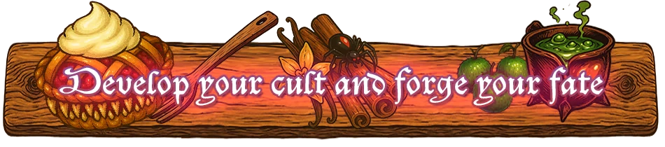 Cult Fate Slogan – Crimson Furnace Crimson Furnace: Banner text “Develop your cult and forge your fate” with food and potion art.
