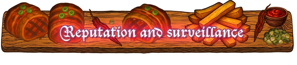 Reputation Surveillance Banner – Crimson Furnace Crimson Furnace: “Reputation and surveillance” text on wooden board with food icons.