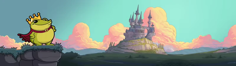 Croak: A crowned frog in a red cape stands on a cliff, with a castle and pink clouds in the background.