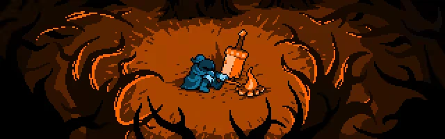 Campfire Rest – Crow Boss Crow Boss: A blue-cloaked figure kneels by a glowing campfire in a dark, twisted forest.