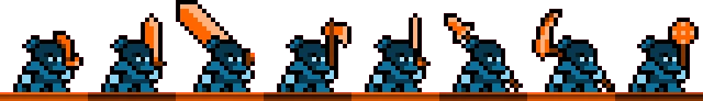 Knight Animation – Crow Boss Crow Boss: Eight pixelated blue warriors wielding orange weapons on a wooden platform.
