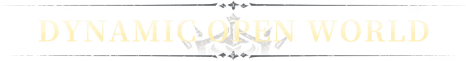 Crown and Adventure: "Dynamic Open World" text in bold, ornate font with decorative elements.