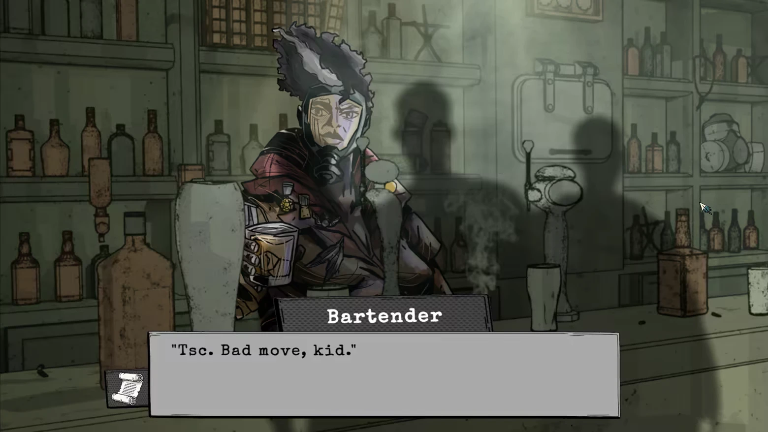 Bartender Scene – Crow's Requiem Crow's Requiem: Bartender in gas mask holds drink, says "Tsc. Bad move, kid." in dim bar.