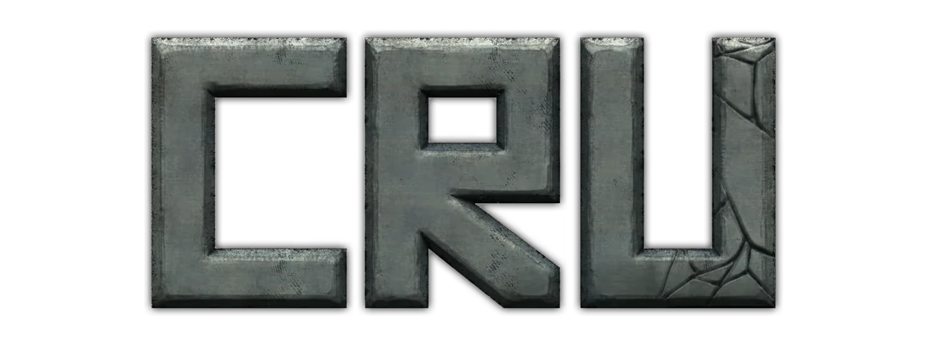 CRU: Large gray stone-textured CRU logo on black background, cracked U corner.
