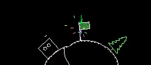 Crunda: Pixelated character near a green flag on a hilltop, with a tree and colorful sparks.