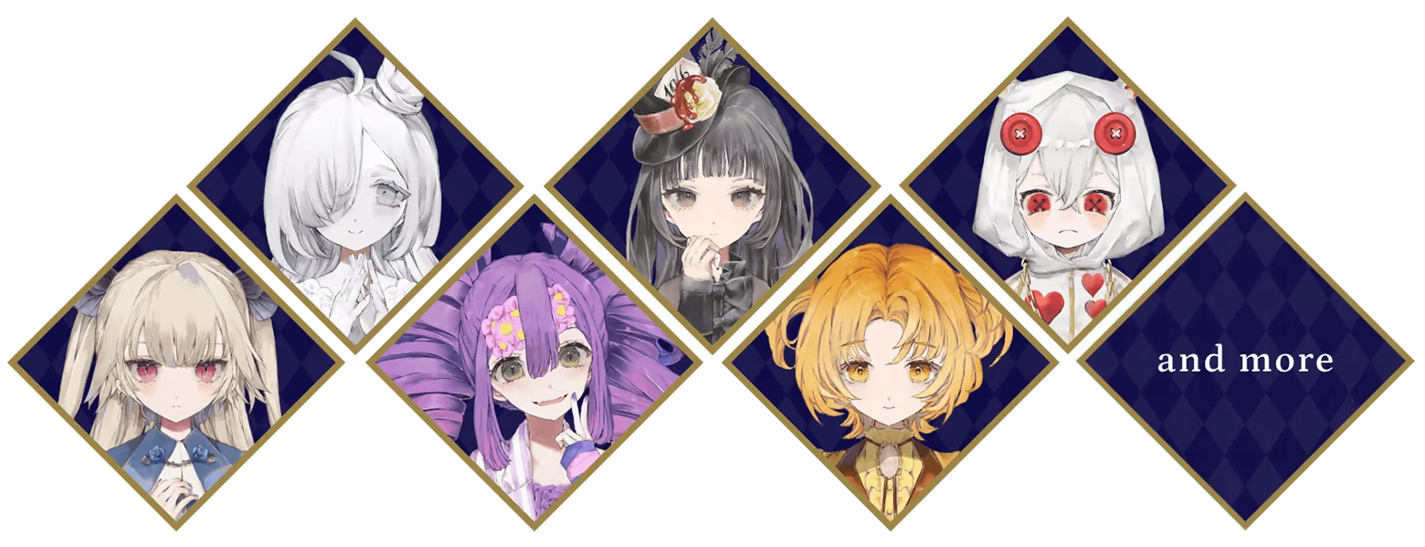 CRYMELIGHT: Five anime girl portraits in diamond frames, plus “and more” text.