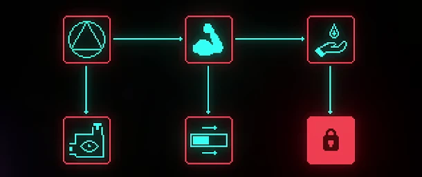 Cult Nation: Neon icons with arrows, including a triangle, muscle, hand, eye, and lock.