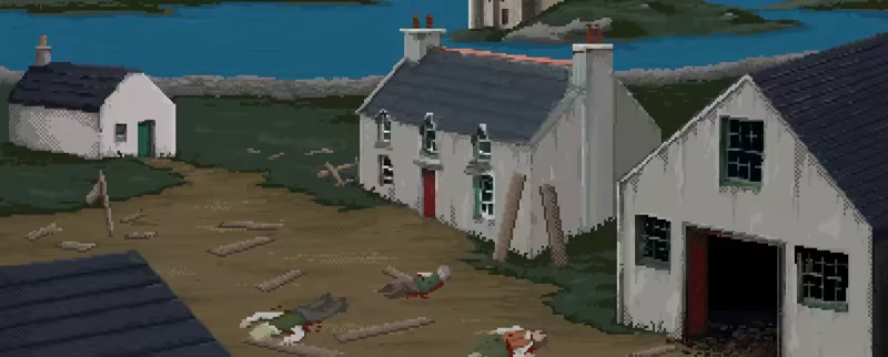 Cult Vacui: Pixel art scene of cottages by a lake, with two bodies on the ground and scattered logs.