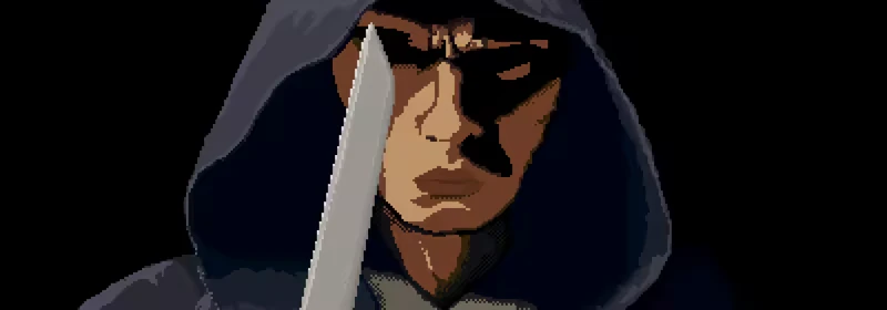 Cult Vacui: Hooded figure with a serious expression holds a knife vertically in front of face.