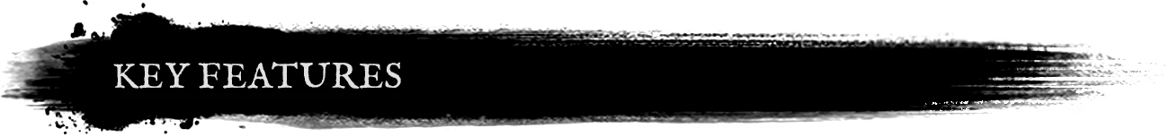 Curse of Resthaven: White serif “KEY FEATURES” heading on black background.