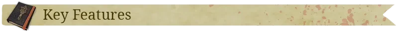 Cursed Companions: A banner with "Key Features" text and a book icon on a parchment background.