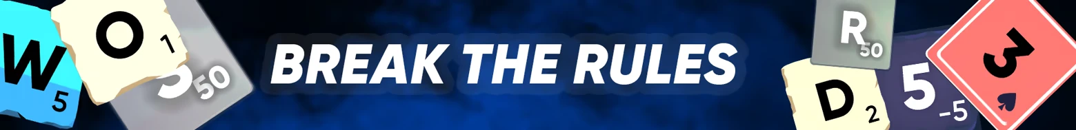Cursed Words: "BREAK THE RULES" text with letter tiles W, O, R, D, and numbers on a blue background.