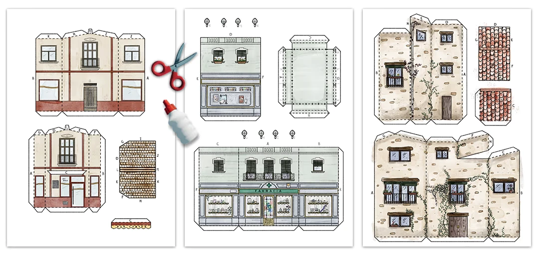 Cutout Village: Paper building cutouts with scissors and glue, plus house and shop templates.