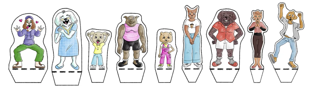 Cutout Village: Paper cutout animal villagers lineup, smiling in varied outfits and poses.