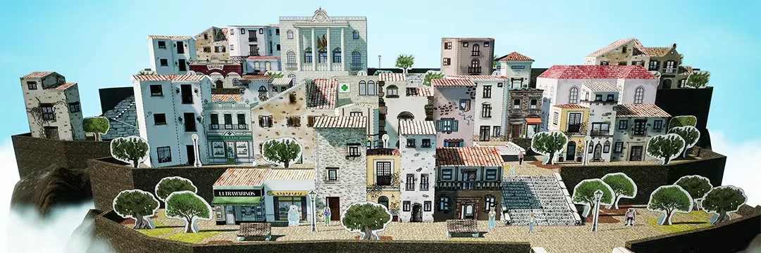 Cutout Village: Paper-cut town diorama with shops, trees, stairs, and plaza benches.