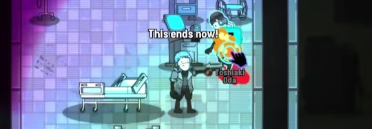 Cyberpunk Inquisitor: Character with blue hair aims gun, text "This ends now!" above, grid floor.