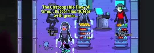 Cyberpunk Inquisitor: Characters stand near shelves; neon text reads, "The unstoppable flow of time..."