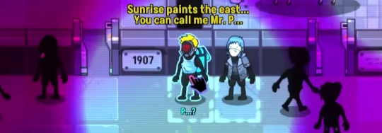 Cyberpunk Inquisitor: Two characters stand in neon light; text reads, "Sunrise paints the east..."