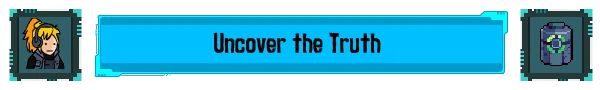 Cyberpunk Inquisitor: Blue banner with "Uncover the Truth" text, flanked by character icons.