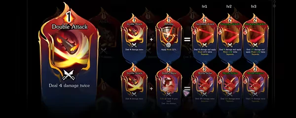 Dala and the Cursed Forest: Cards with red and blue designs show attack values and fusion paths.