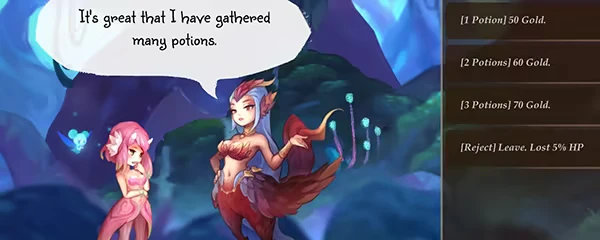 Dala and the Cursed Forest: Two characters converse; potion purchase options listed on the right.