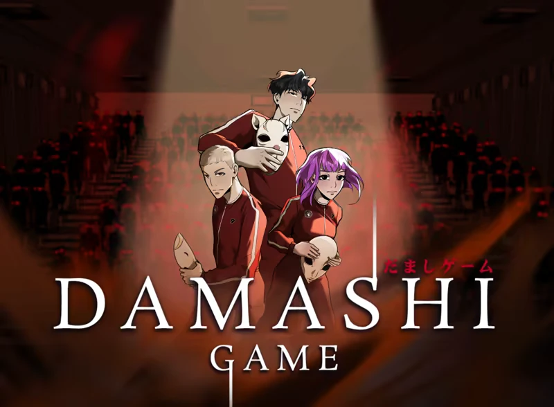 Damashi Game: Three characters in red tracksuits holding masks, with a crowd in the background.