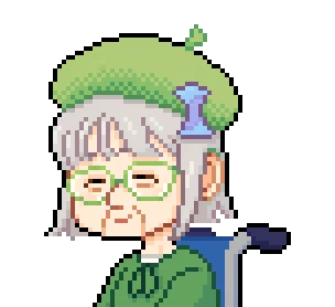 Danchi Days: Elderly woman with green beret, glasses, and green sweater in pixel art style.