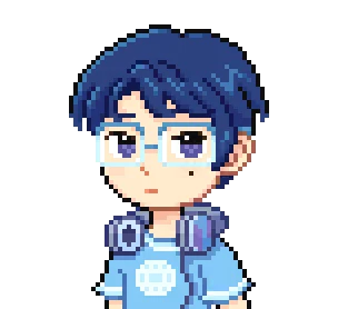 Danchi Days: Pixel art character with blue hair, glasses, headphones, and a blue shirt with a logo.