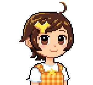 Danchi Days: Pixel art girl with brown hair, yellow hairpin, and orange checkered dress.