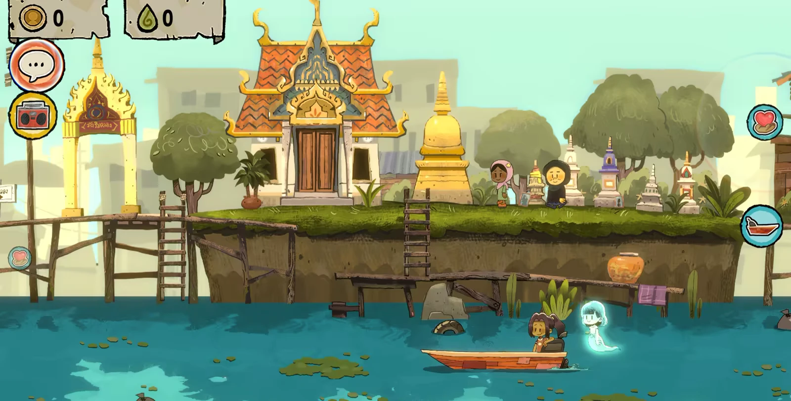 Dancing with Ghosts: A girl and ghost in a boat on a river, temple and trees in the background.