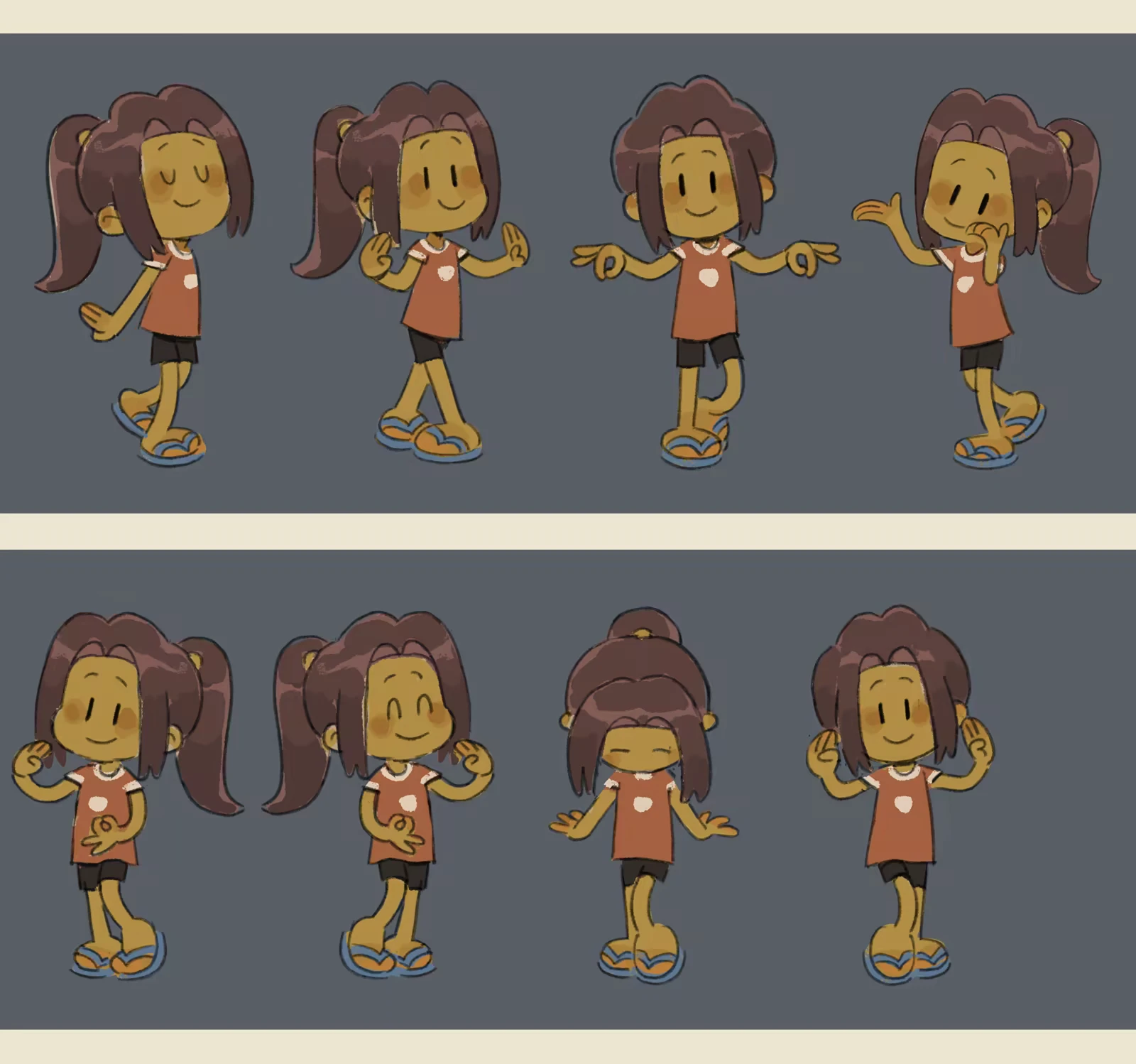 Dancing with Ghosts: Cartoon girl in red shirt and shorts dances with various joyful expressions.