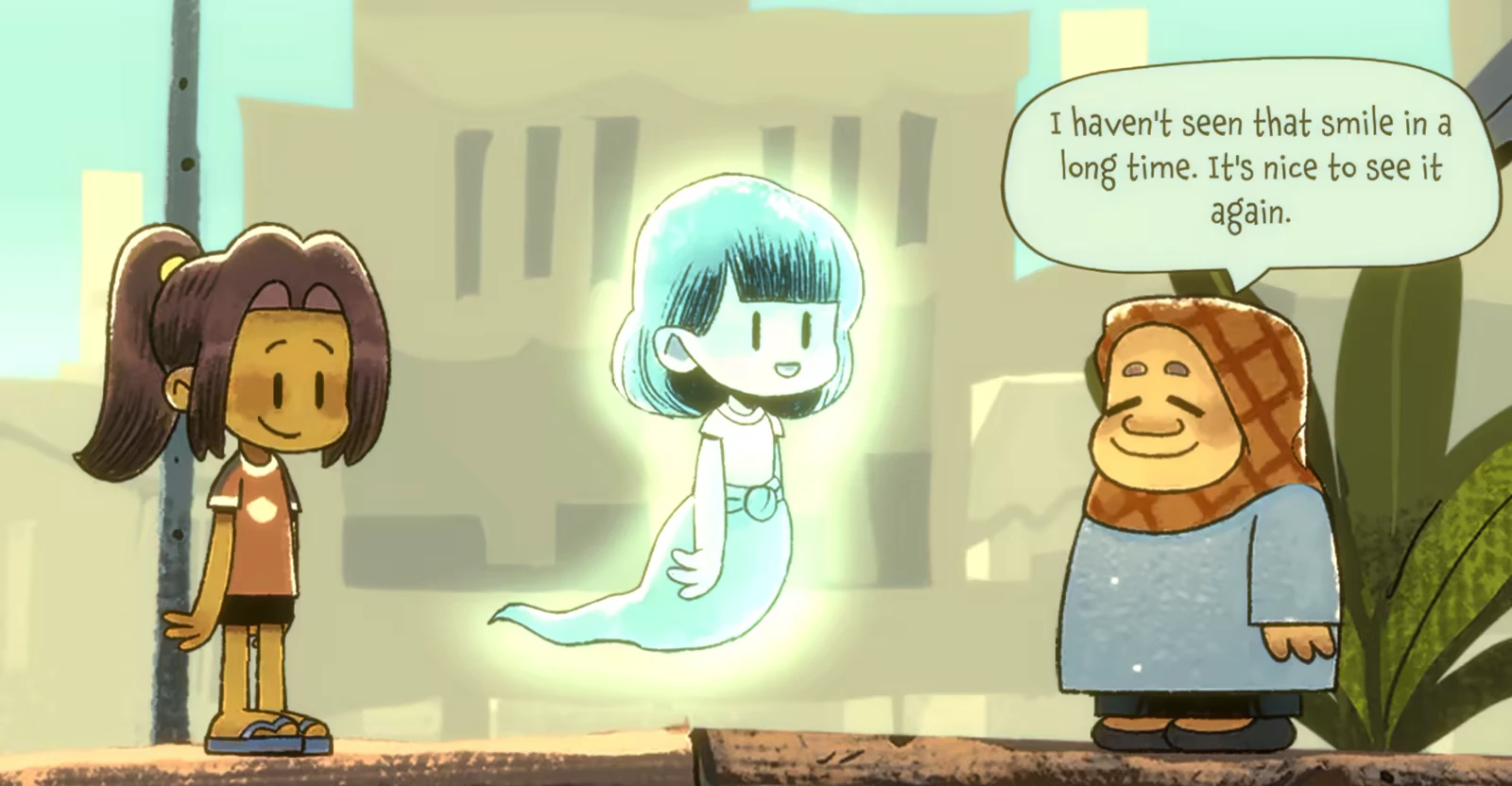 Dancing with Ghosts: A girl, glowing ghost, and elderly woman converse with a speech bubble.