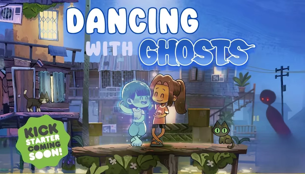 Dancing with Ghosts: A girl and ghost dance on a wooden platform, with a cat and shadowy figure nearby.