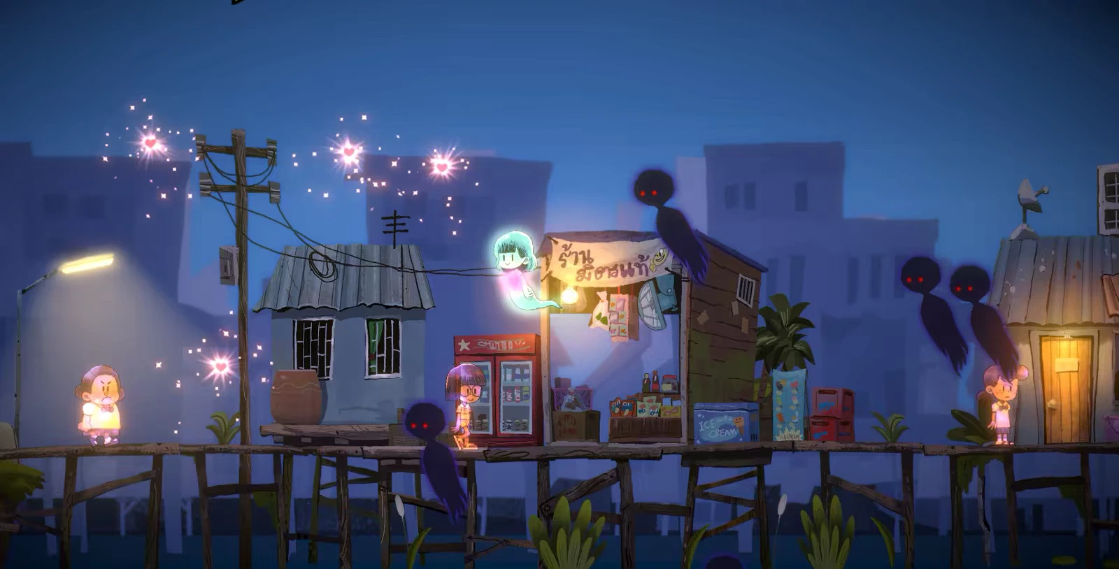 Dancing with Ghosts: A glowing ghost floats near a shop with a sign, surrounded by shadowy figures.