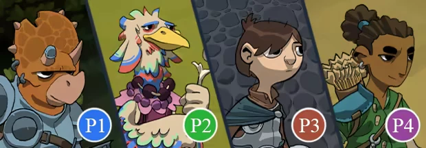 Dark Age Dinos: Four characters with player icons P1 to P4, including a dinosaur and bird.