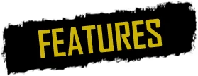 Features Title – DarkBazaar DarkBazaar: Yellow pixel-style text “FEATURES” on a black background.