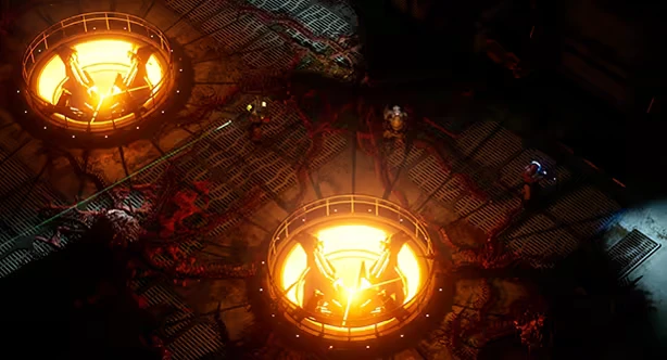 Glowing Hive – DarkSwarm DarkSwarm: Two operators in armor navigate a dimly lit, industrial area with glowing orange lights.