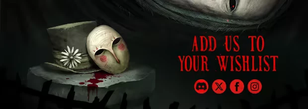 Darwake: A top hat with a daisy and owl mask on a stone, bloodstains, red text "ADD US TO YOUR WISHLIST".