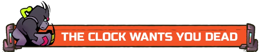 Clock Warning – Dash Dash Dead Dash Dash Dead: Cartoon character with neon accents beside red banner reading "THE CLOCK WANTS YOU DEAD".