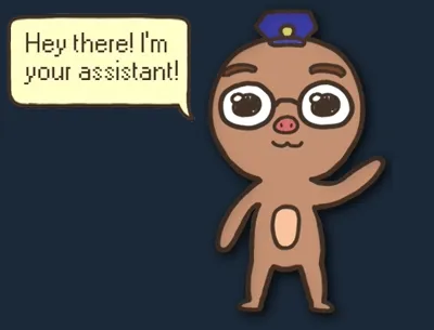 Database Detective: Cartoon animal assistant with glasses and police hat says, "Hey there! I'm your assistant!"