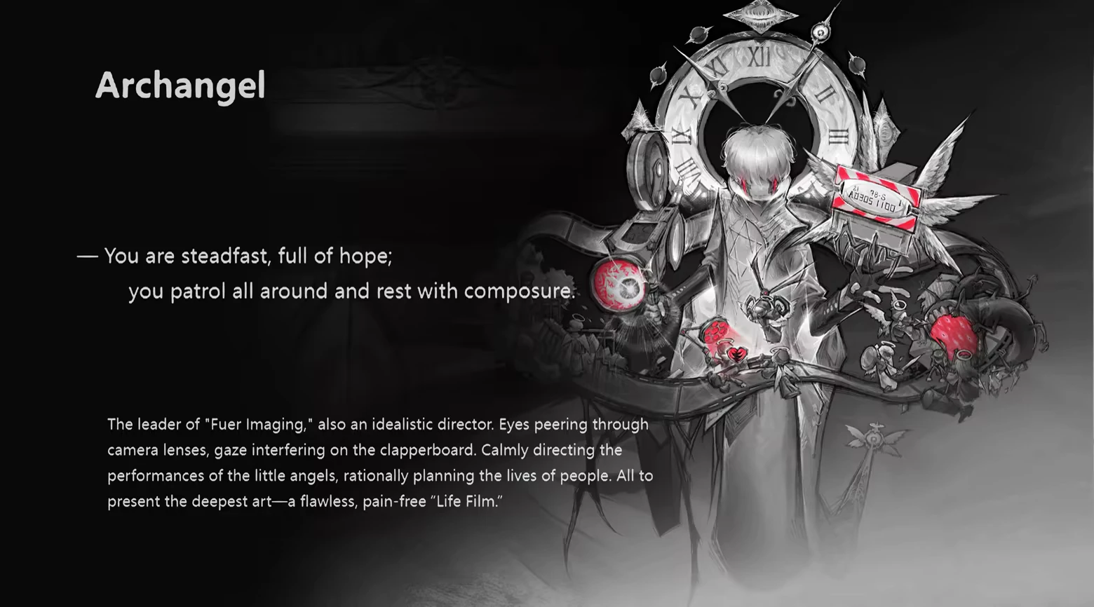 DAUGHTER OF PAIN: Archangel text beside grayscale angel with clock halo and red accents.