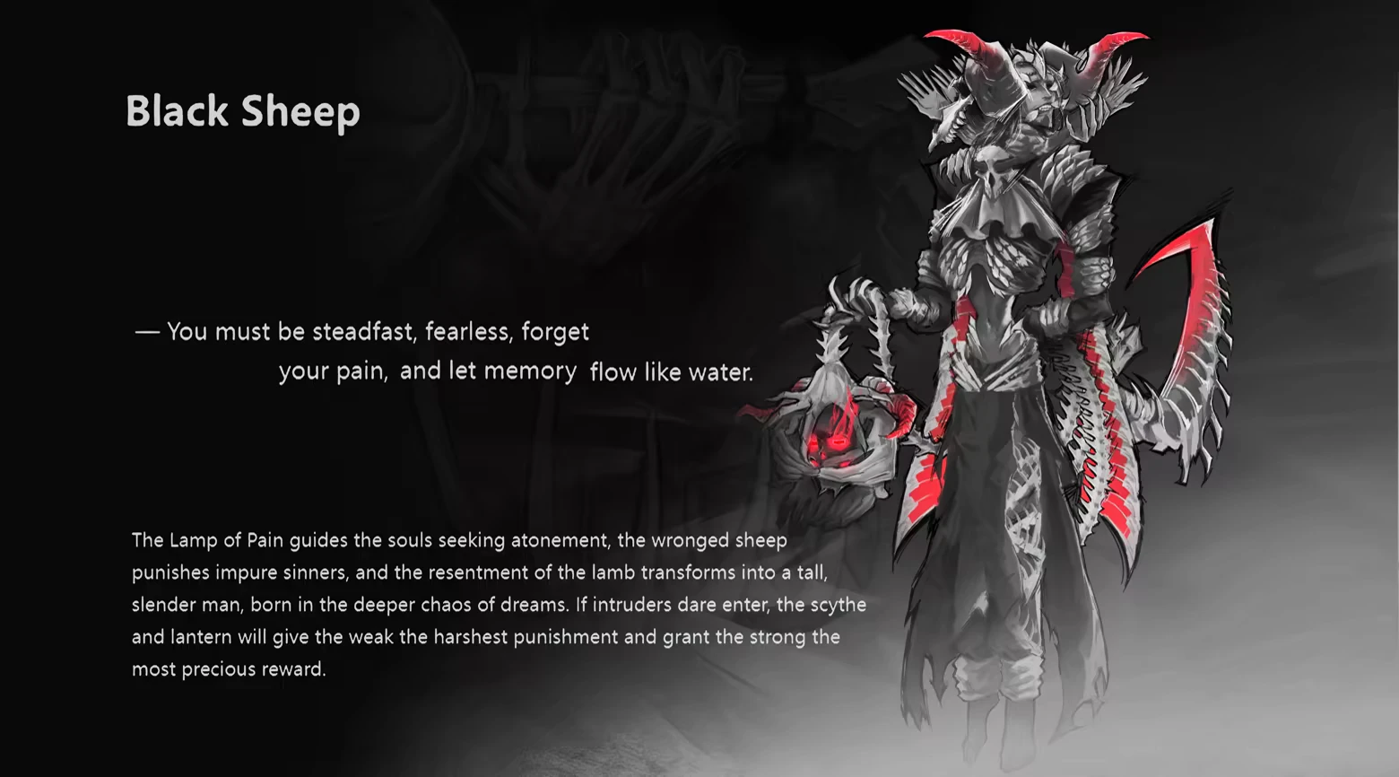 DAUGHTER OF PAIN: “Black Sheep” text beside horned figure holding red lantern and scythe.
