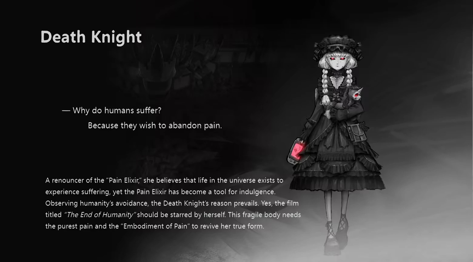 DAUGHTER OF PAIN: Death Knight text beside gothic girl with red eyes holding pink vial.