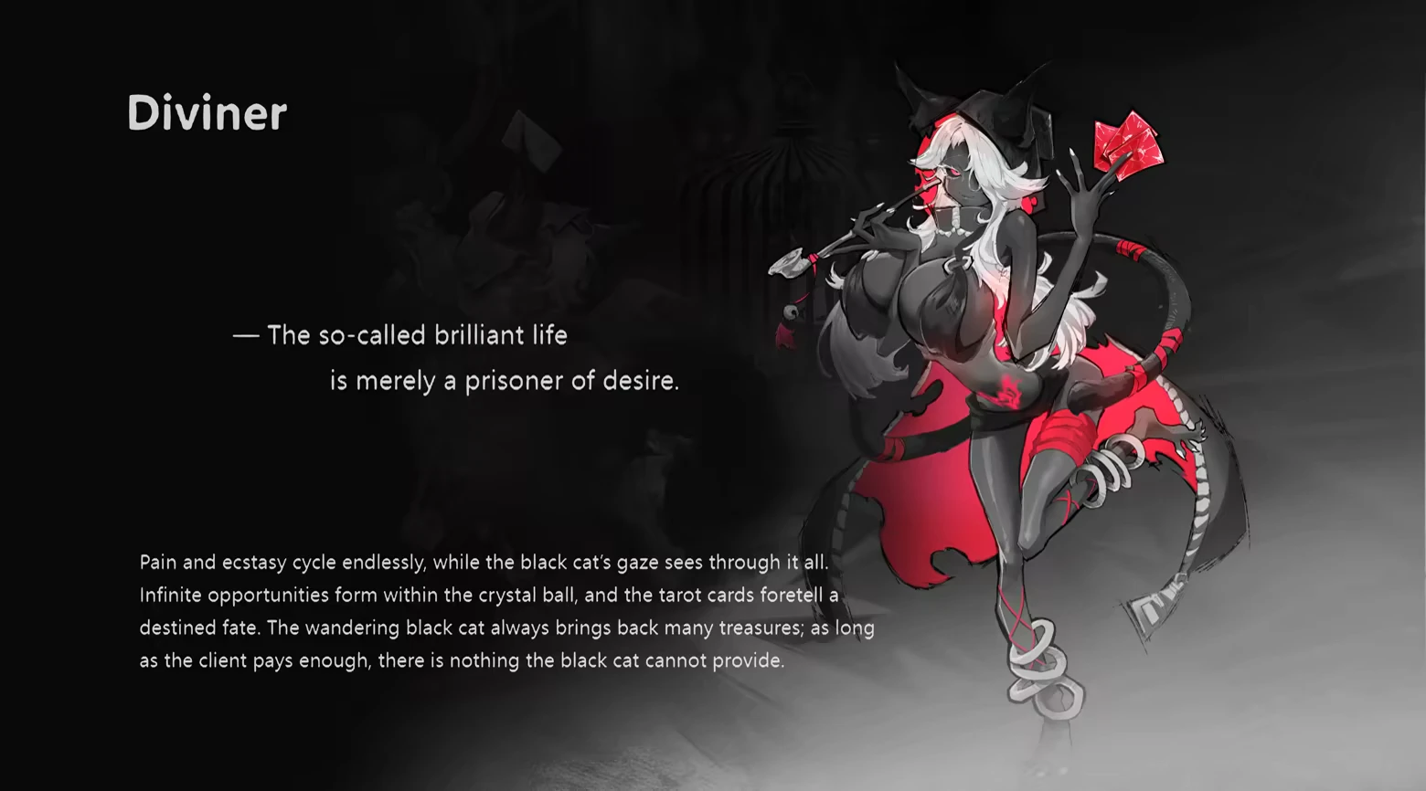 DAUGHTER OF PAIN: Diviner text beside white-haired catwoman holding red tarot cards.