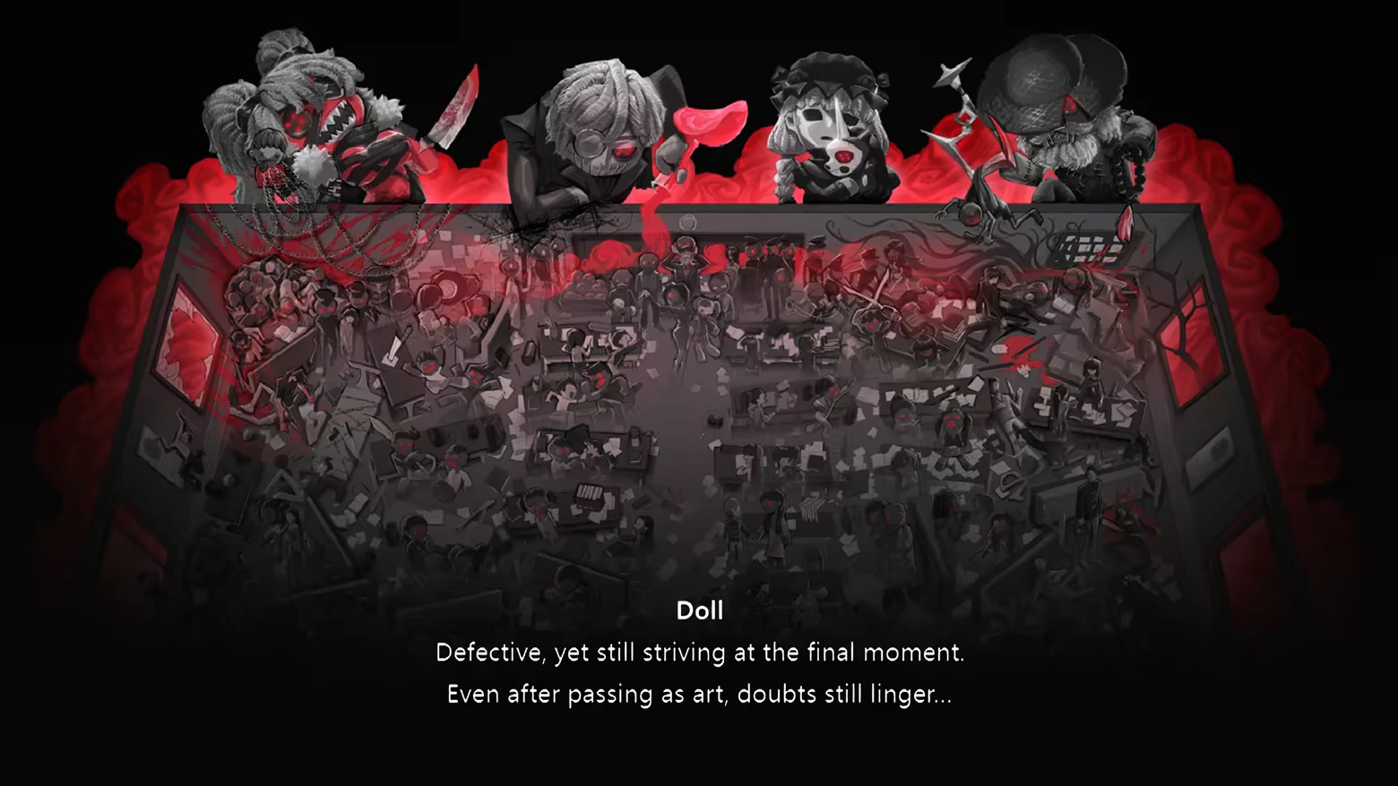 DAUGHTER OF PAIN: Red-black art of doll figures over a crowded room; text “Doll” below.