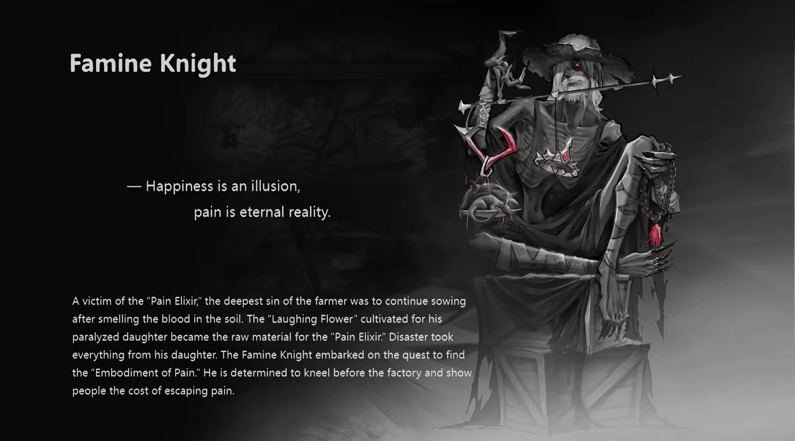 DAUGHTER OF PAIN: “Famine Knight” text beside grayscale knight with red accents, seated.