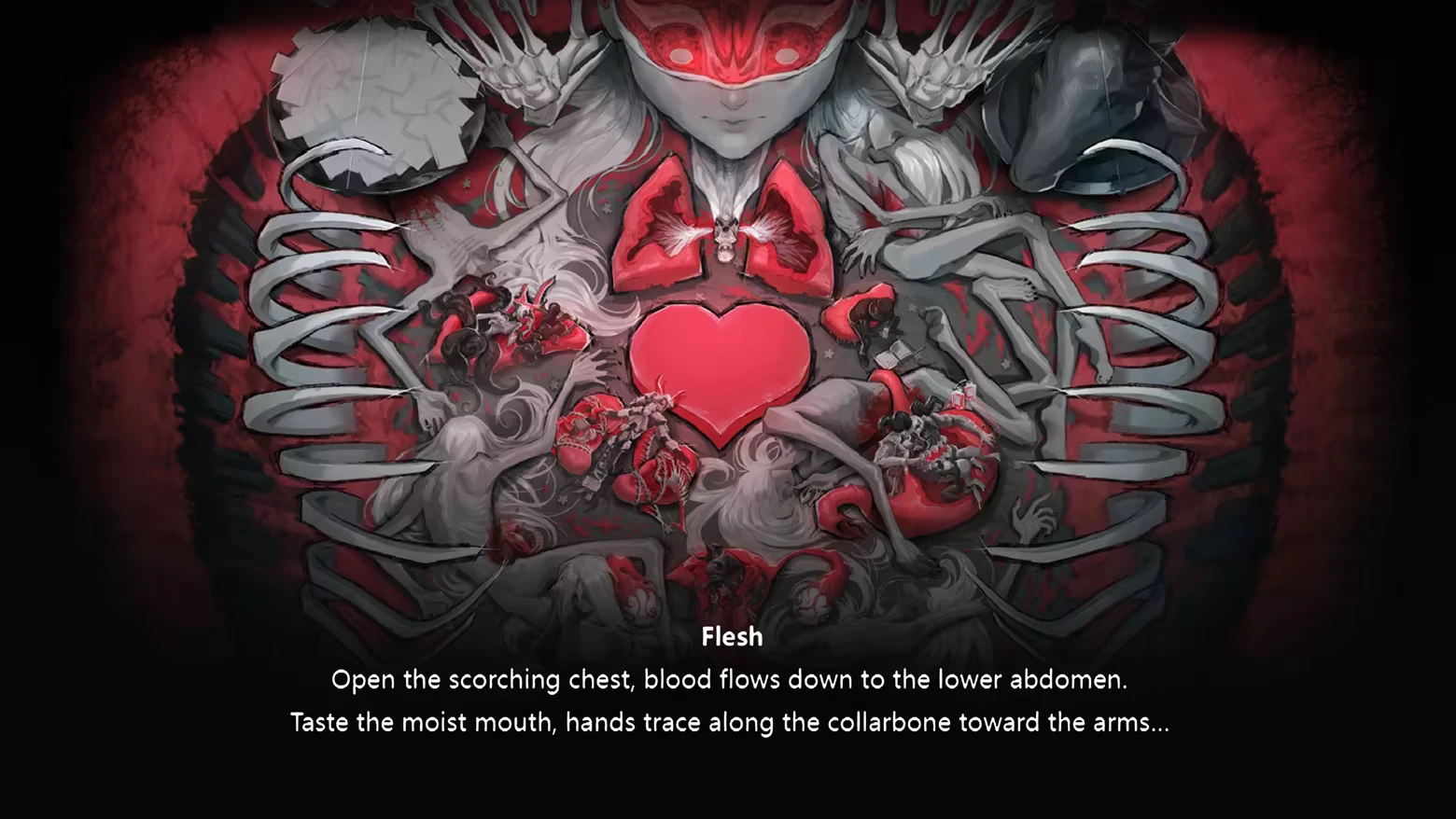 DAUGHTER OF PAIN: Red-eyed figure with ribcage and heart; caption text “Flesh” below.