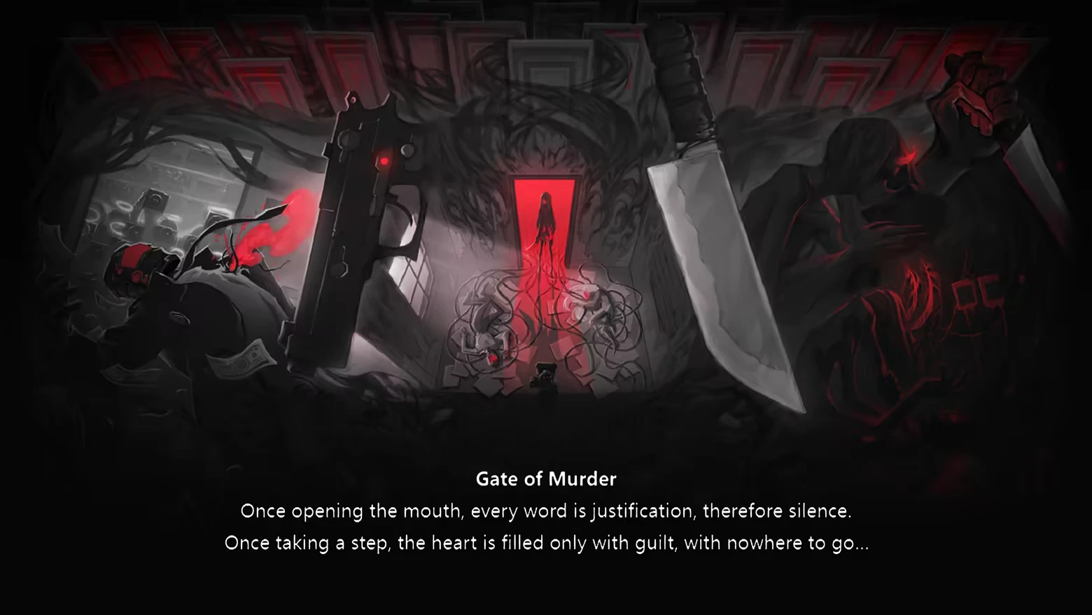 DAUGHTER OF PAIN: Red doorway with girl silhouette, gun and knife; text “Gate of Murder”.