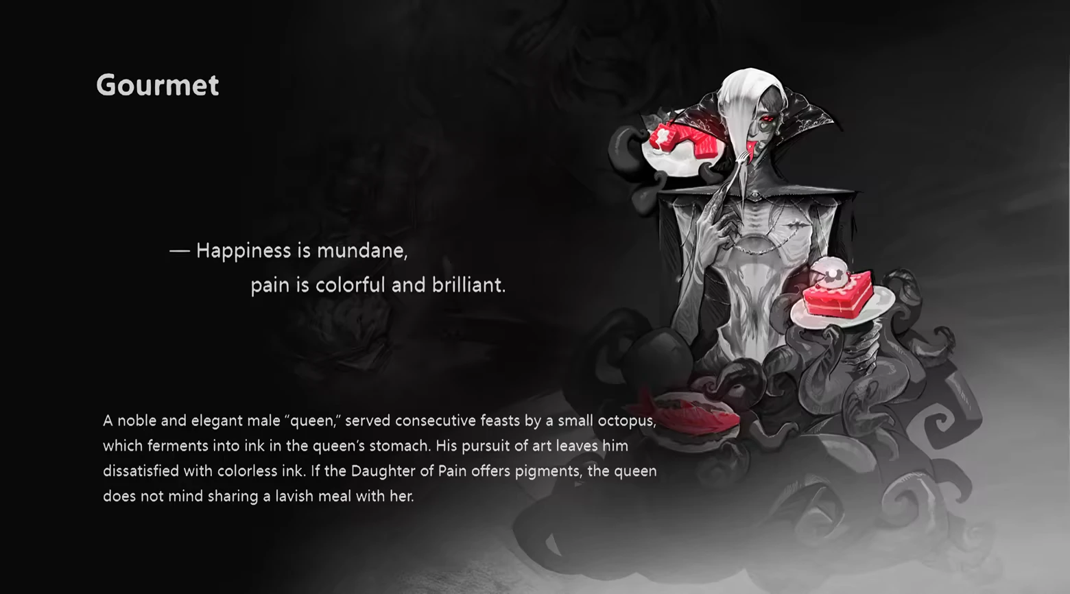 DAUGHTER OF PAIN: “Gourmet” screen with pale figure and red desserts on plates.